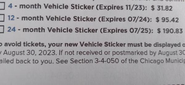 Clearly the mailer from the city clerk gives 3 options for city sticker length and 24 months or 2 years IS an option.