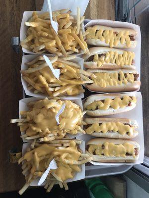 Cheese fries and Spanish Cheese dogs.