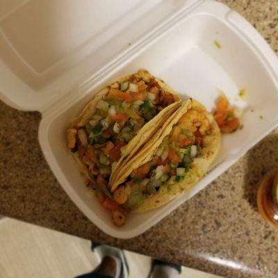 1 chicken taco $3.50, 1 shrimp taco  $3.50