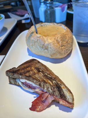 Pick Two combo. Crawfish bisque in their bread bowl with Reuben sandwich