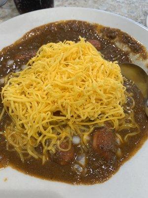 Coney Bowl with cheese, onions, and mustard