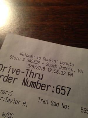 Dennis Dunkin Donuts -- Patriot Square : 6 Enterprise Road, Dennis            Receipt (Really? Not even a full address!)