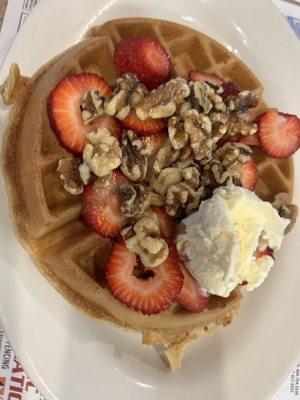 Crisp Belgian Waffle with Walnuts and Strawberries