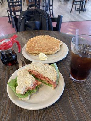 Blt Sandwich, iced coffee, oatmeal pancake