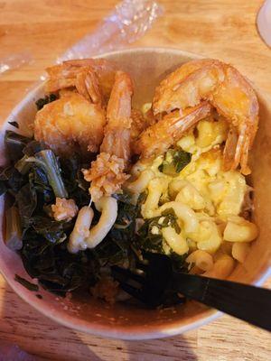 Soul Bowl with fried shrimp, krack and cheese and greens. This is the best fried shrimp I've ever had.