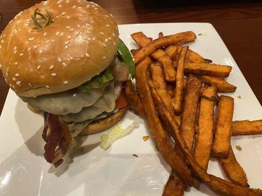 Stack house smash burger and sweet potato fries