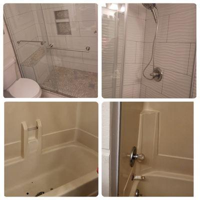 Bathroom Remodel in Fort Walton Beach FL. Tile, Bench, niche, shower.