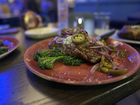 Dinner menu - Grilled ribeye, special request of sautéd onions and jalapeños