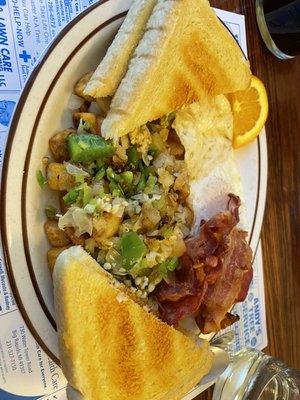 Egg, meat, toast, and potato combo