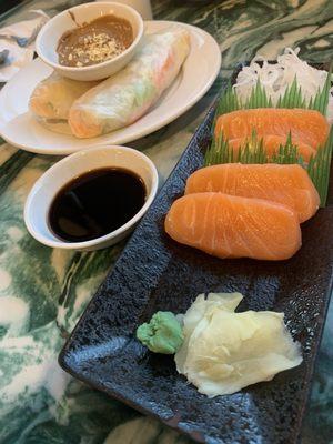 Fresh Salmon Sashimi & Shrimp and Crab Spring Rolls with Peanut Sauce