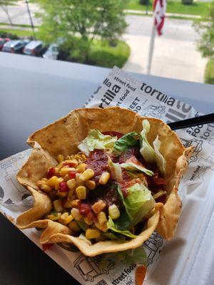 Tortilla Street Food Truck  Mexican Street Taco Bowl: Ground Beef, onion, peppers, corn, Mexican rice, lettuce & mild salsa