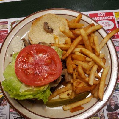 CB plate, xtra .25 cent can mushrooms... Bread seemed frozen & disintegrated. Burger was overcooked, instead of medium rare, still greasy