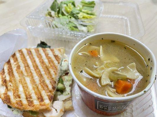 Classic Caesar Salad, Chicken Pomodori Panini and Chicken Noodle Soup