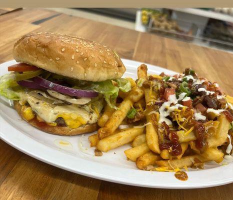 Cheesy burger and loaded fries.