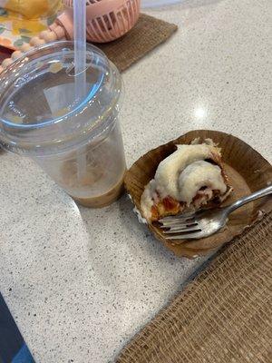 Salted caramel latte and cinnamon roll