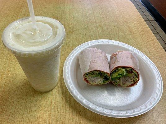 Pina colado smoothie and Turkey Avocado wrap