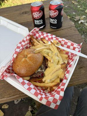 Mushroom Swiss burger and cheese fries.