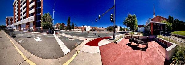 Artemesia Way with Argenta Hall, Davidson Academy, Homeless Jesus Bench sculpture, Our Lady of Wisdom