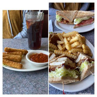 Mozzarella sticks, BLT, grilled chicken triple decker