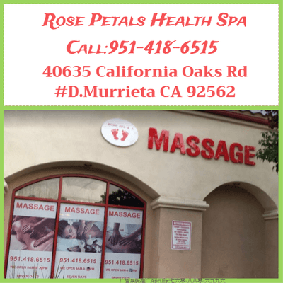 Grand opening 

Rose Petals Health Spa 
Call:951-418-6515
40635 California Oaks Rd #D.Murrieta CA 92562