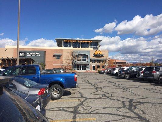 The south side of the building next to the entrance of REI.