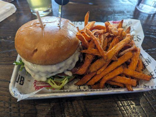 Steakhouse burger with sweet potato fries