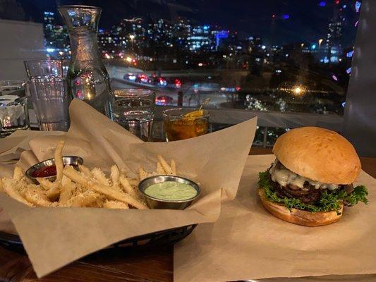 Basket of Garlic Parmesan Fries, The Knockabout Burger, and city views