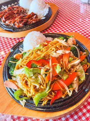 Shrimp yakisoba and chicken teriyaki