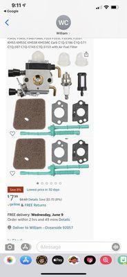 Actual cost of repair for my Stihl weed eater. Cutters Source charge $40 diagnostic +$110 plus to repair all.