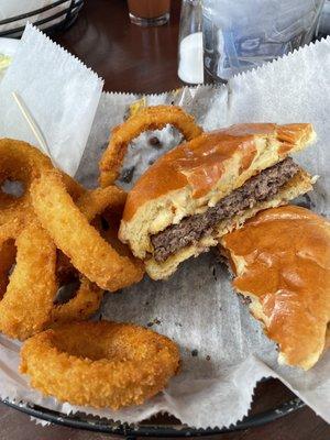 Burger and onion rings