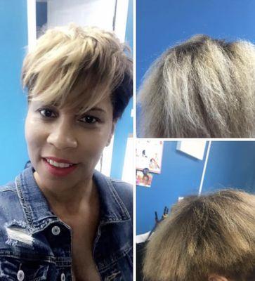 Natural hair with no relaxer , color , blow dry, cut and style