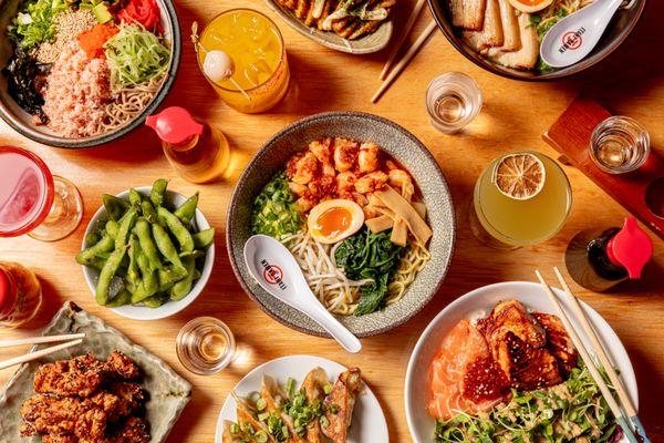 Spicy Shrimp Ramen, Salmon Donburi Rice Bowl, Cold Cali Noodles, Chicken Kara'age, Edamame