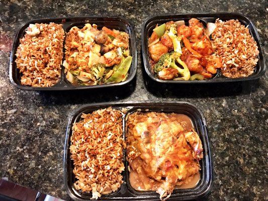 Garlic Chicken (top left) , Hot Braised Shrimp (top right), and Egg Foo Young bottom