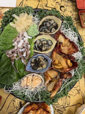 Variety of seafood: abalone, sea cucumber, sea squirt