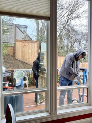 The technician prepping area for my new window.