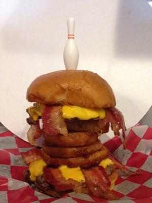 The new "Pinion" burger at Sun Ray Lanes. See if you can topple the Pinion or will you leave it standing.