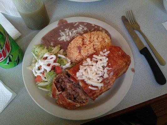 The chimichanga with ground beef. Rice and beans on the side.