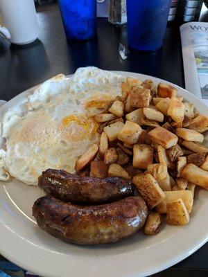 Two eggs, sausage, potato