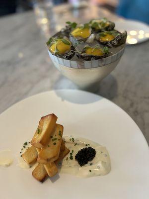 French fries with crème fraîche and caviar and kumamoto oysters with passion fruit and serrano foam. INSANE!