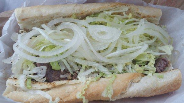 Steak sandwich on garlic bread. Tasted better than it looks.