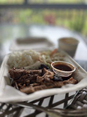 Beef brisket, BBQ sauce, coleslaw and rice