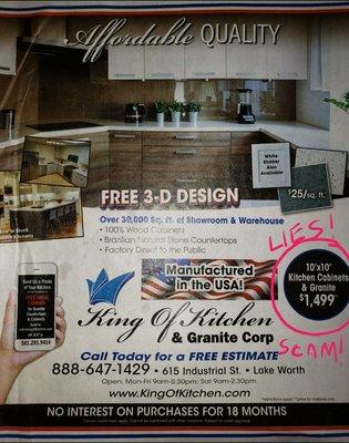 King of Kitchens Ad saying: 10x10 kitchen for $1499.  SCAM!