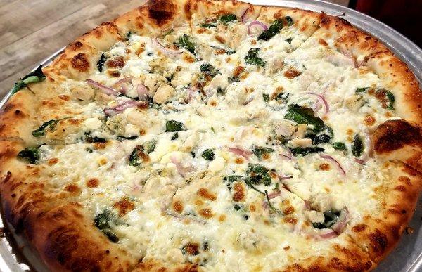 Build your own pizza: chicken, garlic, feta, spinach. red onion