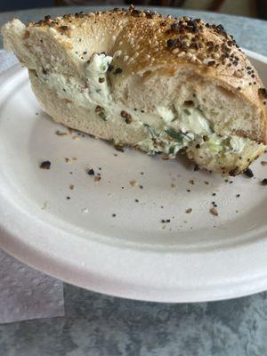 Everything bagel toasted with scallion cream cheese