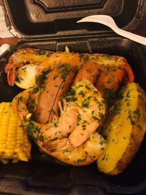 Shrimp   lobster potatoes corn sausage crab legs