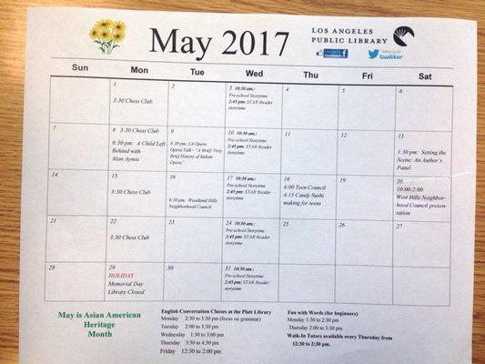 Upcoming events and hours for May for the Platt branch of the Los Angeles Public Library.