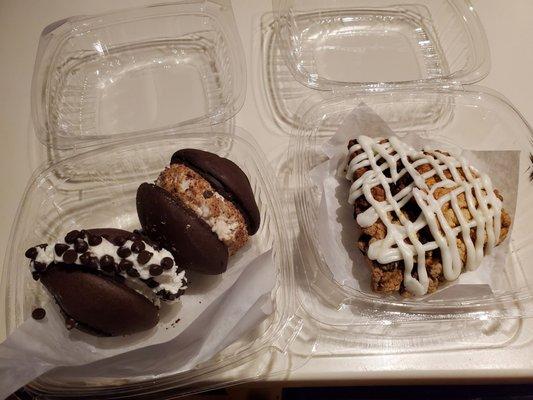 Whoopie pies (cookies and cream and chocolate chips) and a dark chocolate cranberry scone