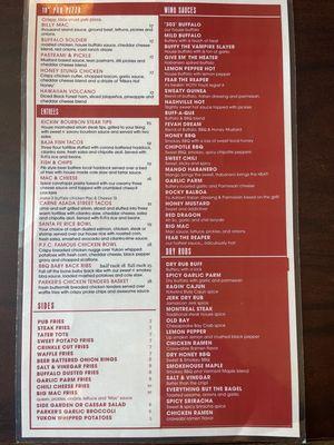 Parker's Pub Menu as of Oct 2024