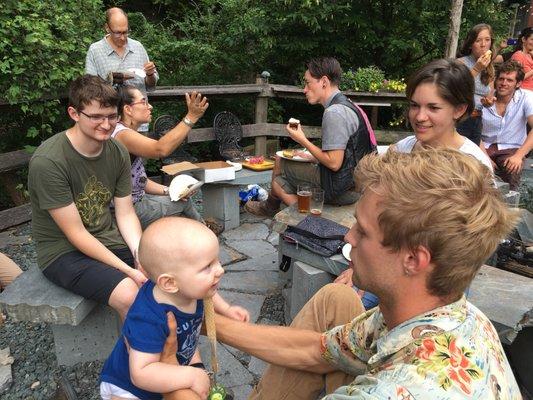 Friends and conversation and baby out in the beer garden.