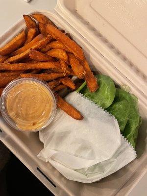 Bite burger on a lettuce wrap and sweet potato fries